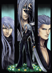  4boys artist_request final_fantasy final_fantasy_vii final_fantasy_vii_advent_children flower green_eyes grey_hair holding holding_sword holding_weapon kadaj left-handed loz male_focus multiple_boys photoshop_(medium) sephiroth sword weapon yazoo 