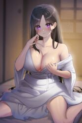  absurdres black_hair blush breasts cleavage collarbone eyes_visible_through_hair female futon hair_over_eyes highres huge_breasts indoors japanese_clothes kimono lethe_(lethe187) light_particles long_hair no_bra open_clothes open_kimono original purple_eyes shouji sitting sliding_doors solo sweat thighs undressing very_long_hair wariza white_kimono wide_sleeves 