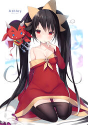  aged_up ashley_(warioware) black_hair black_legwear blue_eyes blush breasts character_name cisyo cleavage clothes_pull collarbone commentary_request copyright_name demon_boy demon_horns demon_tail demon_wings dress female finger_to_mouth flask horns long_hair long_sleeves looking_at_viewer medium_breasts off_shoulder pantyhose pantyhose_pull polearm red_(warioware) red_dress red_eyes red_wings round-bottom_flask sitting sleeves_past_wrists tail tiara trident twintails very_long_hair warioware wariza weapon wide_sleeves wings 