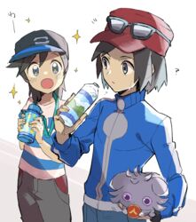  +_+ 2boys :o baseball_cap black_headwear blue_jacket blush bottle calem_(pokemon) commentary_request elio_(pokemon) espurr eyewear_on_headwear grey_pants hat highres holding holding_bottle holding_pokemon jacket looking_at_another male_focus mikanbako_(aitatadon3) multiple_boys open_mouth pants pokemon pokemon_(creature) pokemon_sm pokemon_xy red_headwear shirt short_sleeves sparkle striped_clothes striped_shirt sunglasses t-shirt water_bottle water_drop white_background 