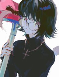  black_hair black_sweater blinky_(hunter_x_hunter) blood blood_on_face closed_mouth cross cross_necklace female glasses highres holding hunter_x_hunter jewelry long_sleeves looking_at_viewer necklace nima_(nimamann) red_pupils saliva shizuku_murasaki short_hair simple_background sweater tongue upper_body vacuum_cleaner white_background 