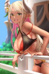  absurdres bare_shoulders bikini bikini_top_lift blonde_hair blue_sky blush braco breasts cleavage clothes_lift commentary dark-skinned_female dark_skin day draph female flower granblue_fantasy hair_flower hair_ornament highres horn_ornament horn_ribbon horns kumbhira_(granblue_fantasy) kumbhira_(summer)_(granblue_fantasy) large_breasts layered_bikini lips long_hair looking_at_viewer multicolored_hair official_alternate_costume open_mouth outdoors parted_bangs pink_hair pointy_ears ribbon skindentation sky smile solo standing swimsuit teeth two-tone_hair upper_teeth_only window yellow_eyes 