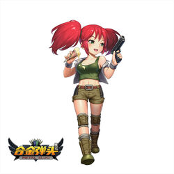  breasts chinese_commentary commentary copyright_name female food food_on_clothes full_body green_eyes green_footwear green_shorts green_tank_top gun holding holding_food holding_gun holding_weapon lisong_shen looking_at_viewer medium_hair metal_slug nadia_cassel navel open_mouth red_hair shorts simple_background solo standing tank_top two_side_up vest weapon white_background white_vest 