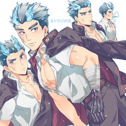  1boy bandaged_arm bandages bara blue_eyes blue_fire collage fiery_horns fire forked_eyebrows gakuran hair_slicked_back highres horns jacket jacket_on_shoulders male_focus partially_unbuttoned pectoral_cleavage pectorals sakimori_toji scar scar_on_cheek scar_on_face school_uniform short_hair thick_eyebrows tokyo_afterschool_summoners toned toned_male zaoanjisi 