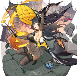  alternate_costume arknights arm_up artist_name black_gloves black_hair black_thighhighs blunt_bangs blush breasts chinese_commentary cleavage collarbone commentary_request dress elbow_gloves fake_wings female floating_hair full_body furrowed_brow garter_belt gloves green_eyes halloween hat high_heels itoucon jessica_(arknights) lace lace-trimmed_legwear lace_trim large_breasts lips lipstick long_hair looking_at_viewer makeup multicolored_hair oerba_yun_fang open_mouth pink_hair pumpkin revealing_clothes see-through sharp_teeth short_dress sideboob signature sleeveless sleeveless_dress solo squatting surprised teeth thighhighs thighs two-tone_hair underwear wand watch wings witch_hat 