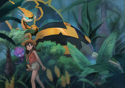  alternate_color bag bare_arms black_hair braid bush commentary_request female floral_print hand_up hat highres kikuyoshi_(tracco) knees naganadel open_mouth outdoors pokemon pokemon_(creature) pokemon_usum selene_(pokemon) shiny_pokemon shirt shorts shoulder_bag standing tongue toxel twin_braids twintails white_shorts 