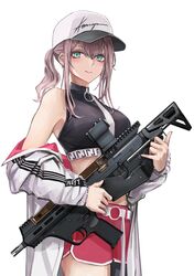  absurdres ar-57 ar-57_(girls&#039;_frontline) bare_shoulders baseball_cap black_pantyhose black_shirt blue_eyes bullpup commentary_request cowboy_shot crop_top dolphin_shorts earrings female girls&#039;_frontline gun hat highres holding holding_gun holding_weapon jacket jewelry lithographica long_sleeves looking_at_viewer midriff off_shoulder pantyhose pink_hair ponytail red_shorts shirt shorts simple_background single_leg_pantyhose sleeveless sleeveless_shirt smile solo weapon white_background white_hat white_jacket 