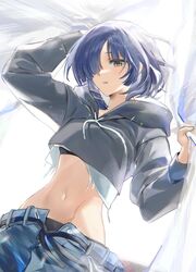  black_hoodie black_panties blue_hair bocchi_the_rock! curtains denim female hair_over_one_eye highres hood hoodie jeans lens_flare navel open_mouth panties pants short_hair solo stomach underwear white_background yamada_ryo yellow_eyes zuzu_(wckd7545) 