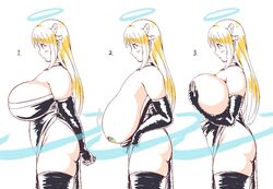  arms_behind_back bare_shoulders black_dress black_gloves black_thighhighs blonde_hair blush breast_lift breasts closed_mouth commentary_request dress elbow_gloves female from_side gloves hair_ornament halo huge_breasts interlocked_fingers jaggy_lines kuma_(kumahoihoi) long_hair motion_lines no_panties os-tan partial_commentary pasties pelvic_curtain sagging_breasts simple_background skindentation smile spirit_(vista) standing straight_hair thick_thighs thighhighs thighs vista-tan white_background 