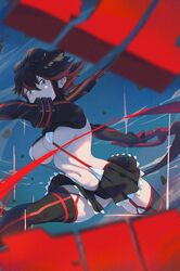  black_eyes black_gloves black_hair black_skirt black_thighhighs breasts closed_mouth colored_inner_hair female gloves hair_between_eyes highres holding holding_weapon kill_la_kill large_breasts looking_at_viewer matoi_ryuuko miniskirt multicolored_hair navel pleated_skirt scissor_blade_(kill_la_kill) senketsu skirt solo thighhighs two-tone_hair underboob weapon wonchun 