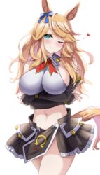  animal_ears aqua_eyes arms_under_breasts bare_shoulders blonde_hair breasts closed_mouth cowboy_shot crossed_arms ear_ribbon female gold_city_(umamusume) head_tilt heart highres horse_ears horse_girl horse_tail kibihimi large_breasts long_hair md5_mismatch midriff navel neige_hausen one_eye_closed pink_nails resolution_mismatch sideboob simple_background skirt smile solo source_larger spoken_heart super_robot_wars super_robot_wars_og_saga_mugen_no_frontier super_robot_wars_og_saga_mugen_no_frontier_exceed swept_bangs tail umamusume white_background 