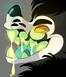  anthro black_body black_eyebrows black_fur black_hair black_nose blue_eyes blue_tongue bodily_fluids canid dripping eyebrows fangs fur glistening glistening_eyes green_teeth grey_background hair looking_at_viewer male mammal mouth_shot open_mouth orange_eyes princelykaden saliva saliva_drip saliva_string side_view simple_background solo spitz_(princelykaden) teeth tongue tuft white_body white_fur 