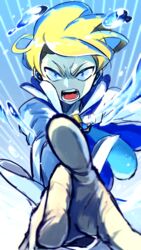  1boy ascot blonde_hair blue_eyes blue_neckwear commentary_request high_collar highres looking_at_viewer male_focus mikanbako_(aitatadon3) open_mouth outstretched_arm pokemon pokemon_xy shirt short_hair siebold_(pokemon) solo teeth tongue water white_shirt 