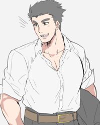  1boy bara black_hair collared_shirt cowboy_shot highres large_pectorals light_blush male_focus muscular muscular_male partially_unbuttoned pectoral_cleavage pectorals protagonist_3_(housamo) shirt short_hair sideburns sleeves_rolled_up solo thick_eyebrows tokyo_afterschool_summoners white_shirt zaoanjisi 