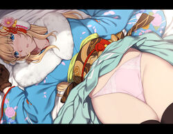  black_thighhighs blonde_hair blue_eyes blue_kimono blush brown_gloves brown_sash clothes_lift commentary_request dutch_angle earmuffs evelysse_(star_ocean) female floral_print flower from_above fur-trimmed_kimono fur_trim gloves hair_flower hair_ornament hair_ribbon indoors japanese_clothes kimono kimono_lift letterboxed long_hair looking_at_viewer lying nagioka nose_blush obi on_back open_mouth panties petals pink_flower pink_panties print_kimono red_flower red_ribbon ribbon sash solo star_ocean star_ocean_anamnesis thighhighs underwear wide_sleeves 