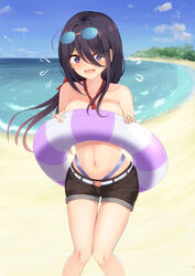  ariake_(kancolle) ariake_(swimsuit)_(kancolle) beach bikini black_hair blue_bikini blue_sky blush breasts brown_shorts collarbone day embarrassed eyewear_on_head female gradient_hair highres holding holding_swim_ring innertube kantai_collection large_breasts long_hair low_ponytail multicolored_hair navel necktie ocean ochikata_kage outdoors purple_eyes purple_hair red_necktie short_shorts shorts sky solo standing sunglasses swim_ring swimsuit wavy_mouth 