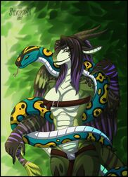  absurd_res anthro belt belt_bra belted_breasts black_border border breasts dragon duo feathered_wings feathers female hair hi_res mythological_creature mythological_scalie mythology python reptile scalie silvergrin snake tail wings 