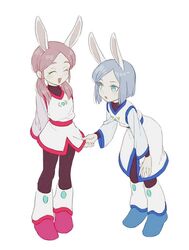  2girls :o ^_^ animal_ears aqua_eyes arms_behind_back bad_id bad_pixiv_id blue_hair bob_cut bodysuit bodysuit_under_clothes boots character_request closed_eyes clothes_grab doraemon doraemon:_nobita_no_getsumen_tansaki dress full_body hair_over_shoulder leaning_forward long_sleeves low_twintails mabui_(poloon) multiple_girls rabbit_ears red_hair sash short_hair simple_background smile standing twintails white_background 