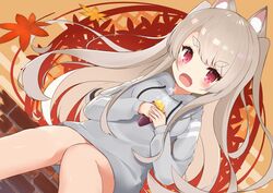  absurdres animal_ear_fluff animal_ears autumn autumn_leaves azur_lane bare_legs blush breasts brick_wall commentary_request dog_ears drawstring feet_out_of_frame female food grey_hair highres holding holding_food large_breasts long_hair long_sleeves looking_at_viewer oerba_yun_fang open_mouth orange_background red_eyes short_eyebrows sidelocks sitting skin_fang solo sweater sweet_potato swept_bangs thick_eyebrows two_side_up yomogi_uehara yuudachi_(azur_lane) 