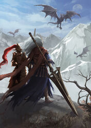  2boys anklet armor bare_tree blue_robe bracelet breastplate cliff cloud crown dark_souls_(series) dark_souls_i dark_souls_iii dragon dragon_slayer_ornstein facing_away faulds flying full_body full_moon gold_armor helmet highres holding holding_polearm holding_weapon jewelry knight long_hair looking_at_another male_focus mephisto_24 moon mountain multiple_boys nameless_king no_shoes outdoors pauldrons photoshop_(medium) plume polearm red_scarf robe scarf shoulder_armor spear tree weapon western_dragon white_hair wyvern 