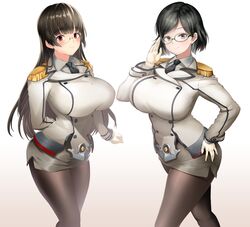  2girls absurdres black_hair blunt_bangs blush breasts brown_hair choukai_(kancolle) collared_shirt commission cosplay effort_star epaulettes glasses gloves grey_eyes highres huge_breasts kantai_collection katori_(kancolle) katori_(kancolle)_(cosplay) kirishima_(kancolle) long_hair multiple_girls necktie pantyhose pencil_skirt pixiv_commission red_eyes shirt short_hair skirt smile very_long_hair white_gloves 