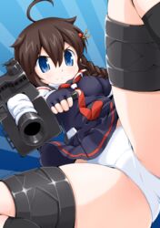  adapted_turret ahoge aiming black_serafuku black_shirt black_skirt blue_eyes braid brown_hair cannon commentary_request female hair_flaps hair_ornament hair_over_shoulder kantai_collection neckerchief panties pantyshot pleated_skirt red_neckerchief saikuro sailor_collar school_uniform serafuku shigure_(kancolle) shigure_kai_ni_(kancolle) shirt single_braid skirt solo spread_legs thigh_strap thighs turret underwear white_panties white_sailor_collar 