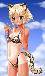  animal_ears animal_print aqua_eyes bare_arms bare_shoulders bikini blonde_hair blue_sky breasts byakko_(nijiura_maids) cleavage cloud collarbone commentary cowboy_shot day facial_mark female futaba_channel grin hands_up highleg highleg_bikini highres kuma_(kumahoihoi) looking_at_viewer navel nijiura_maids oerba_yun_fang one-piece_tan outdoors outline parted_bangs print_bikini pulling_own_clothes short_hair sky small_breasts smile solo standing strap_pull striped_tail swimsuit tail tan tanlines thighs tiger_ears tiger_girl tiger_print tiger_tail whisker_markings white_outline 