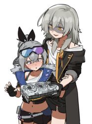  2girls bare_shoulders black_coat black_gloves black_shorts blush bribery coat crop_top crossed_bangs evil_smile eyewear_on_head fingerless_gloves flasso fur_trim gloves graphics_card grey_hair hair_between_eyes hand_on_another&#039;s_arm heart heart-shaped_pupils height_difference highres honkai:_star_rail honkai_(series) long_hair looking_at_another looking_at_object meme multiple_girls navel nvidia open_clothes open_mouth orange_eyes parted_lips ponytail shaded_face short_shorts shorts silver_wolf_(honkai:_star_rail) simple_background smile stelle_(honkai:_star_rail) sweat symbol-shaped_pupils trailblazer_(honkai:_star_rail) white_background 