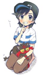  1boy barefoot baseball_cap black_hair black_headwear blush brown_pants commentary_request elio_(pokemon) finger_to_mouth grey_eyes grin hat highres litten looking_at_viewer male_focus medium_hair mikanbako_(aitatadon3) on_lap pants pokemon pokemon_(creature) pokemon_on_lap pokemon_sm shirt short_sleeves shushing sitting sleeping smile striped_clothes striped_shirt swept_bangs t-shirt 