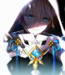  1boy armor bad_id bad_twitter_id black_background blonde_hair blue_eyes brown_hair chung_seiker closed_mouth elsword fatal_phantom_(elsword) fractalmagnolia gem hair_between_eyes hood hood_up korean_commentary male_focus multicolored_hair simple_background solo upper_body 