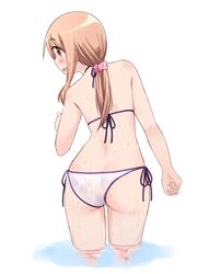  ass bikini female halterneck katatsuka_kouji matsumoto_yoriko orange_eyes orange_hair ponytail scrunchie side-tie_bikini_bottom solo string_bikini swimsuit teacher wading water wet wet_clothes white_background white_bikini yuyushiki 