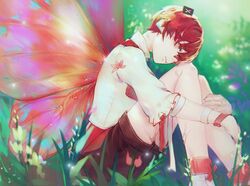  1boy bandaid bandaid_on_face bandaid_on_nose blurry blurry_background boots fairy_wings flower forest frills fukase grass head_on_knees headphones hugging_own_legs male_focus mini_flag misu_(stepforme) nature red_eyes red_hair ribbon shirt shorts sitting sleeves_past_elbows solo vocaloid white_shirt wings 