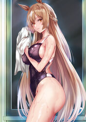  absurdres animal_ears arm_between_breasts ass back_cutout bare_shoulders between_breasts blonde_hair braid breast_press breasts brown_hair clothing_cutout competition_swimsuit dripping female from_side half_updo highleg highleg_swimsuit highres horse_ears horse_girl large_breasts long_hair looking_at_viewer md5_mismatch no_tail one-piece_swimsuit satono_diamond_(umamusume) smile solo swimsuit thighs towel uchida_shou umamusume very_long_hair wet wet_clothes wet_swimsuit yellow_eyes 