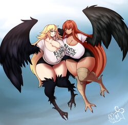  2018 absurd_res allysia_(killy) alternate_species animal_humanoid avian avian_humanoid big_breasts blonde_hair breasts brown_eyes brown_hair clothed clothing curvy_figure digital_media_(artwork) duo european_mythology female female_humanoid greek_mythology hair harpy hi_res huge_breasts humanoid isla_(internisla) light_body light_skin looking_at_viewer mature_female meganemausu meme meme_clothing monster_girl_(genre) mythological_avian mythological_creature mythology rental_mommy rental_mommy_shirt shirt simple_background tan_body tan_skin text text_on_clothing text_on_shirt text_on_topwear thick_thighs topwear voluptuous wide_hips 