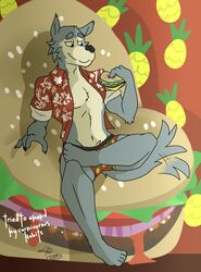  2019 absurd_res aloha_shirt anthro beastars bottomwear burger canid canine canis clothed clothing fingers food fruit fur hair hi_res holding_object legoshi_(beastars) male mammal navel pattern_clothing pattern_shirt pattern_topwear pineapple plant scar shirt smile solo sylvanedadeer topwear tuft underwear wolf 