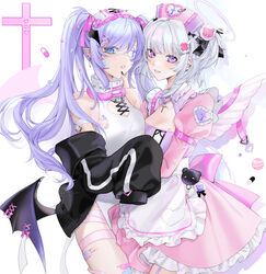  2girls angel angel_and_devil angel_wings apron bandaid bandaid_on_cheek bandaid_on_face black_jacket blood blue_eyes breasts cleavage collar corset_piercing cross cuts demon_wings dress ear_piercing eyepatch frilled_apron frilled_collar frilled_dress frills halo hand_on_another&#039;s_cheek hand_on_another&#039;s_face hat injury jacket jacket_partially_removed juliet_sleeves large_breasts latin_cross long_hair long_sleeves maid medium_breasts medium_hair multiple_girls nurse_cap oerba_yun_fang original piercing pill pink_dress pointy_ears puffy_sleeves purple_eyes purple_hair safety_pin saga666 simple_background sleeves_past_fingers sleeves_past_wrists syringe waist_apron white_background white_hair wings 