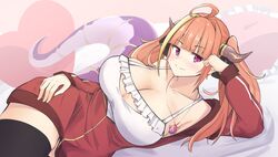  ahoge bare_shoulders bed_sheet black_ribbon black_thighhighs blonde_hair blunt_bangs blush breasts camisole cleavage cleavage_cutout clothing_cutout collarbone commentary_request cowboy_shot dragon_girl dragon_horns dragon_tail elbow_rest female frilled_camisole frilled_pillow frills hair_intakes hair_ribbon hand_on_own_hip head_rest heart heart-shaped_pillow highres hololive horns jacket jewelry kiryu_coco kiryu_coco_(loungewear) large_breasts long_hair long_sleeves looking_at_viewer lying multicolored_hair oerba_yun_fang off_shoulder official_alternate_costume on_side orange_hair partially_unzipped pendant pillow pointy_ears red_jacket ribbon rururaroru scales sidelocks skin_fang skindentation smile solo spaghetti_strap streaked_hair tail thighhighs track_jacket twintails virtual_youtuber white_camisole zipper 