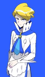  1boy absurdres apron ascot blonde_hair blue_ascot blue_background blue_eyes border closed_mouth commentary_request high_collar highres long_sleeves looking_at_viewer male_focus mikanbako_(aitatadon3) outside_border pants pokemon pokemon_xy shirt short_hair siebold_(pokemon) simple_background solo white_border white_pants white_shirt 