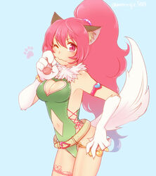  animal_ears animal_hands breasts cat_ears cat_tail cleavage cleavage_cutout clothing_cutout cowboy_shot female leotard long_hair looking_at_viewer natsuki_megumi navel perisie_(star_ocean) pink_hair ponytail simple_background smile solo star_ocean star_ocean_first_departure tail twitter_username 