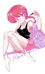  bare_shoulders black_shirt braid breasts cleavage cosmetics en_0410 female full_body hair_between_eyes highres holding holding_lipstick_tube jacket jacket_partially_removed knees_together_feet_apart lipstick_tube looking_at_viewer medium_breasts no_shoes ranma-chan ranma_1/2 red_eyes red_hair red_shorts shirt short_hair_with_long_locks shorts sideboob single_braid sitting sleeveless sleeveless_shirt smile socks solo twitter_username white_background white_socks 