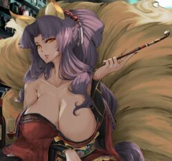  absurdres alcohol animal_ears arm_under_breasts bare_shoulders bottle breasts cleavage cup drinking_glass female floral_print fox_ears fox_girl fox_tail gold_trim hair_spread_out highres holding holding_smoking_pipe huge_breasts ikerellatab japanese_clothes kamidori_alchemy_meister kimono kitsune kohakuren kyuubi long_hair long_toenails looking_at_viewer medibang_paint_(medium) multiple_tails no_nipples orange_eyes purple_hair red_kimono shelf sideways_glance smoking_pipe solo tail toenails very_long_hair wide_sleeves wine wine_bottle wine_glass yellow_tail 