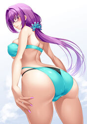  absurdres ass back bare_shoulders bikini black_bikini breasts fate/grand_order fate_(series) female from_behind glasses green_bikini hair_between_eyes highres large_breasts long_hair looking_at_viewer looking_back mukunokino_isshiki purple_hair red_eyes scathach_(fate) scathach_skadi_(fate) scathach_skadi_(swimsuit_ruler)_(fate) scathach_skadi_(swimsuit_ruler)_(final_ascension)_(fate) solo swimsuit thighs two-tone_bikini 