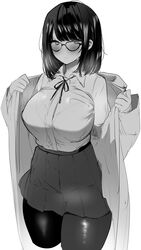  absurdres bad_id bad_twitter_id blush breasts collared_shirt dress_shirt female glasses greyscale high-waist_skirt highres jacket large_breasts long_sleeves looking_at_viewer mitsudoue mole mole_under_eye monochrome open_clothes open_jacket original pantyhose shirt shirt_tucked_in short_hair skirt solo thighs 