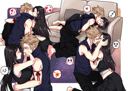  1boy apron arm_ribbon babigonice barefoot black_hair blonde_hair blue_eyes blush breasts cloud_strife couch couple crop_top earrings female final_fantasy final_fantasy_vii final_fantasy_vii_advent_children hand_on_another&#039;s_head hand_on_another&#039;s_mouth heart high_collar jewelry kissing kissing_cheek large_breasts long_hair lying on_side red_eyes ribbon shirt sitting sleeping sleeveless sleeveless_shirt speech_bubble spiked_hair starry_background straight tifa_lockhart waist_apron 