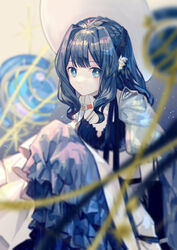  absurdres arknights astesia_(arknights) astesia_(starseeker)_(arknights) black_gloves blue_dress blue_hair blurry blush breasts bright_pupils cape celestial_globe closed_mouth depth_of_field dress elbow_gloves feet_out_of_frame female gloves gradient_background grey_background highres knees_up layered_dress long_hair looking_at_viewer miike_(992058) official_alternate_costume orrery sidelocks sitting small_breasts solo two-tone_dress white_cape white_dress white_headwear 