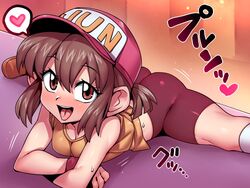  ass bakusou_kyoudai_let&#039;s_&amp;_go!! baseball_cap bike_shorts blush breasts brown_eyes brown_hair female foot_out_of_frame hair_between_eyes hat heart large_ears looking_at_viewer open_mouth sagami_jun shirt short_hair shorts sleeveless smile solo spoken_heart sweatdrop tukiwani white_legwear wristband 