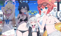  4girls :d ahoge alternate_costume armpits bikini black-framed_eyewear black_bikini black_gloves black_hoodie blonde_hair blue-framed_eyewear blue_archive blue_bikini blue_eyes blue_hair blue_sky breasts chihiro_(blue_archive) closed_eyes collarbone commentary_request double_bun dress_swimsuit electric_fan eyewear_on_head food glasses gloves green_eyes grey_bikini grey_hair groin hair_bun hair_ornament hair_tie_in_mouth hairclip halo hand_fan hare_(blue_archive) highres himari_(blue_archive) holding holding_fan holding_food holding_popsicle hood hoodie innertube kotama_(blue_archive) large_breasts long_hair looking_at_viewer maki_(blue_archive) medium_hair mochigome_(ununquadium) mouth_hold multiple_girls navel nazomaki_(blue_archive) one-piece_swimsuit ponytail popsicle purple_eyes red_hair semi-rimless_eyewear short_hair shorts sky smile stomach sunglasses sweat swim_ring swimsuit tying_hair veritas_(blue_archive) white_one-piece_swimsuit 