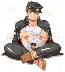  1boy bandaid bandaid_on_cheek bandaid_on_face bandaid_on_nose bara blush brown_hair crossed_legs facial_hair gakuran goatee happy_birthday highres jacket jacket_on_shoulders long_sideburns male_focus mouth_hold muscular muscular_male official_alternate_costume pectorals school_uniform shirt short_hair sideburns sitting solo stalk_in_mouth stubble takabushi_kengo thick_eyebrows tokyo_afterschool_summoners white_shirt zaoanjisi 