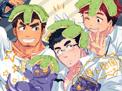  3boys bara blush chest_hair collared_shirt creature dark-skinned_male dark_skin devil_(housamo) facial_hair food fruit goatee grin highres male_focus mole mole_under_eye motoori_shiro multiple_boys muscular muscular_male on_head partially_unbuttoned pectoral_cleavage pectorals shirt short_hair sideburns smile stitched_mouth stitches takabushi_kengo tokyo_afterschool_summoners upper_body watermelon yakushimaru_ryota zaoanjisi 