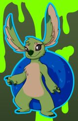  2019 4_fingers 4_toes alien ambiguous_gender anthro big_ears black_eyes chest_tuft claws digital_drawing_(artwork) digital_media_(artwork) disney experiment_(lilo_and_stitch) experiment_pod eyelashes fan_character feet fingers fur green_background green_claws green_nose green_pawpads head_tuft hi_res honky_kat lilo_and_stitch markings neck_markings outline pawpads simple_background smile solo standing toe_claws toes tuft 